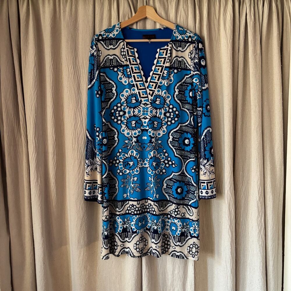 Hale Bob Blue Paisley Floral Print Tunic Dress Long Sleeve V-Neck Size L